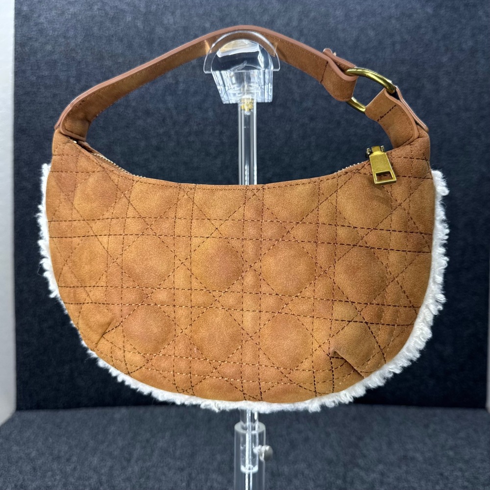 Antik Kraft Quilted Sherpa Trim Crescent Hobo Bag Women Small Tan GOOD